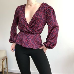 Satin Balloon Sleeve V Neck Navy Red Blouse S